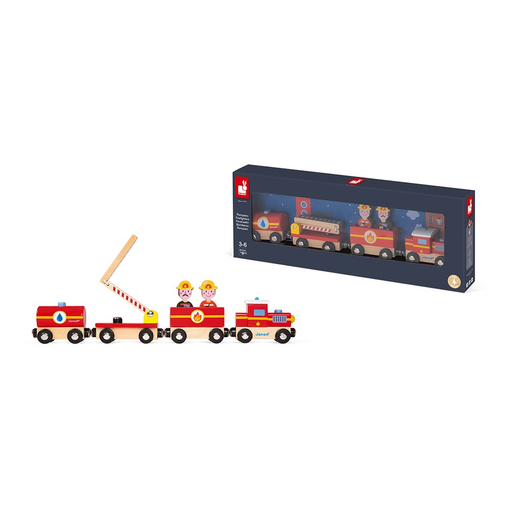 Поезд на магнитах Janod Пожарные, с деревянными фигурками, J08590 janod саквояж доктора с деревянными фигурками