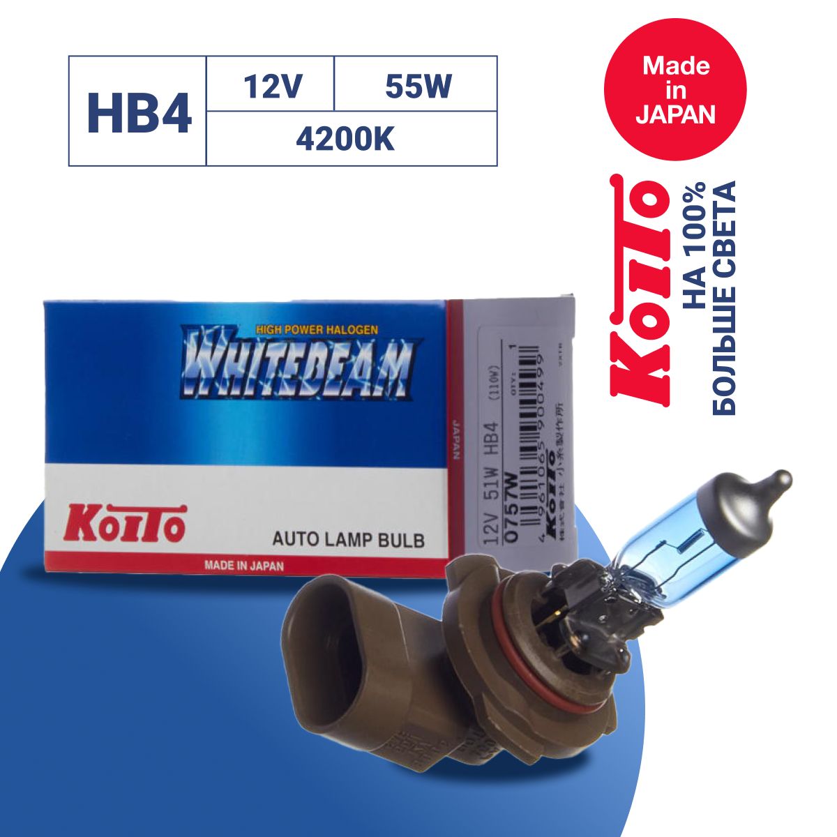 

Лампа высокотемпературная Koito Whitebeam 9006 (HB4) 12V 55W (110W) 4200K (уп. 1 шт.), Whitebeam