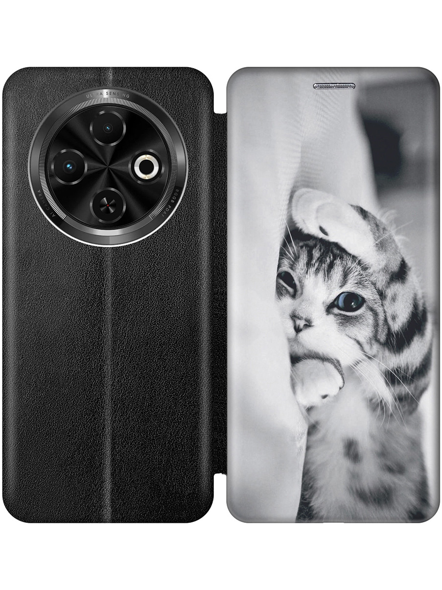 

Чехол-книжка на Tecno Spark 30C с принтом "Игривый котенок" черный, Черный;белый;серый, 786716311