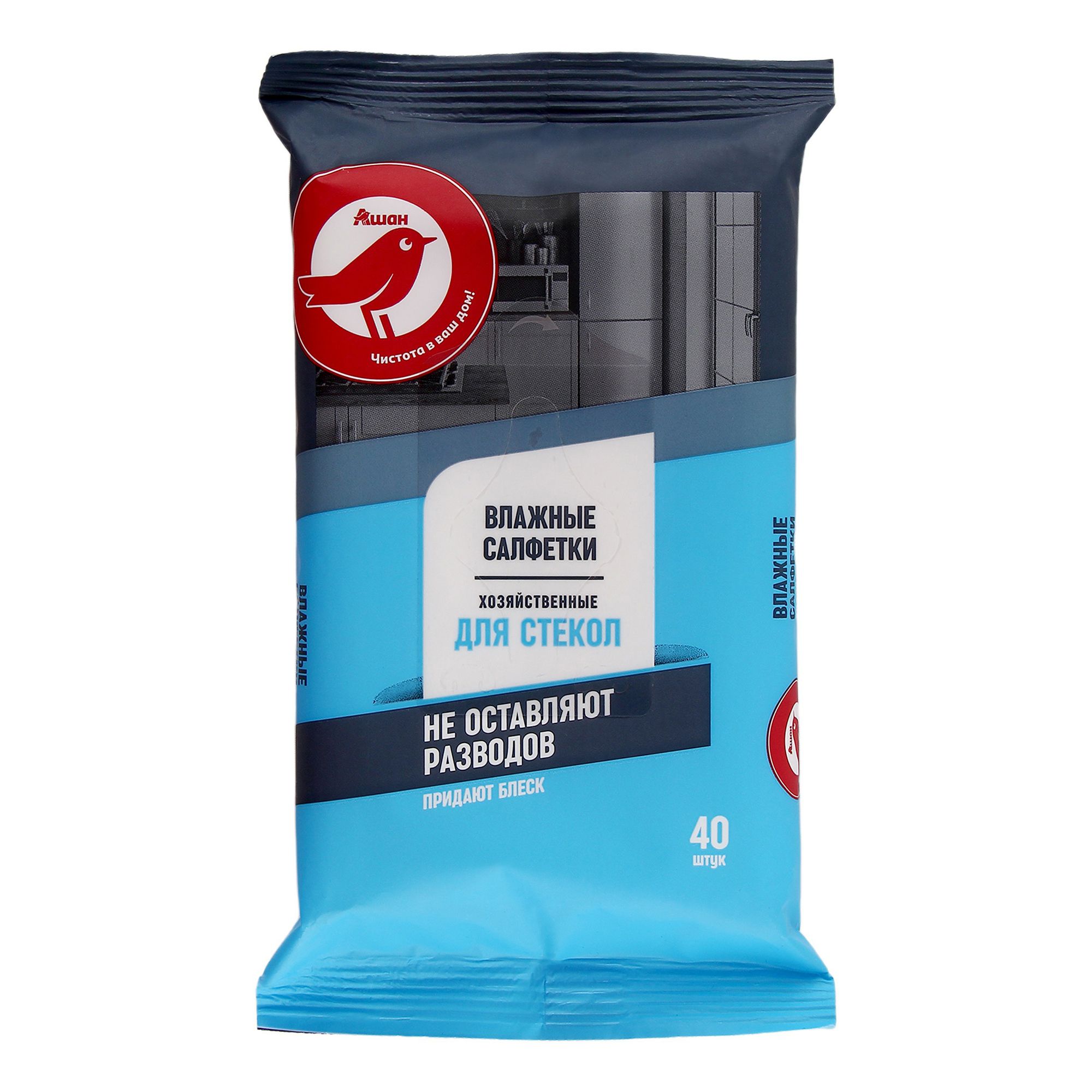 Влажные салфетки АШАН Красная Птица для стекол, 40 шт.