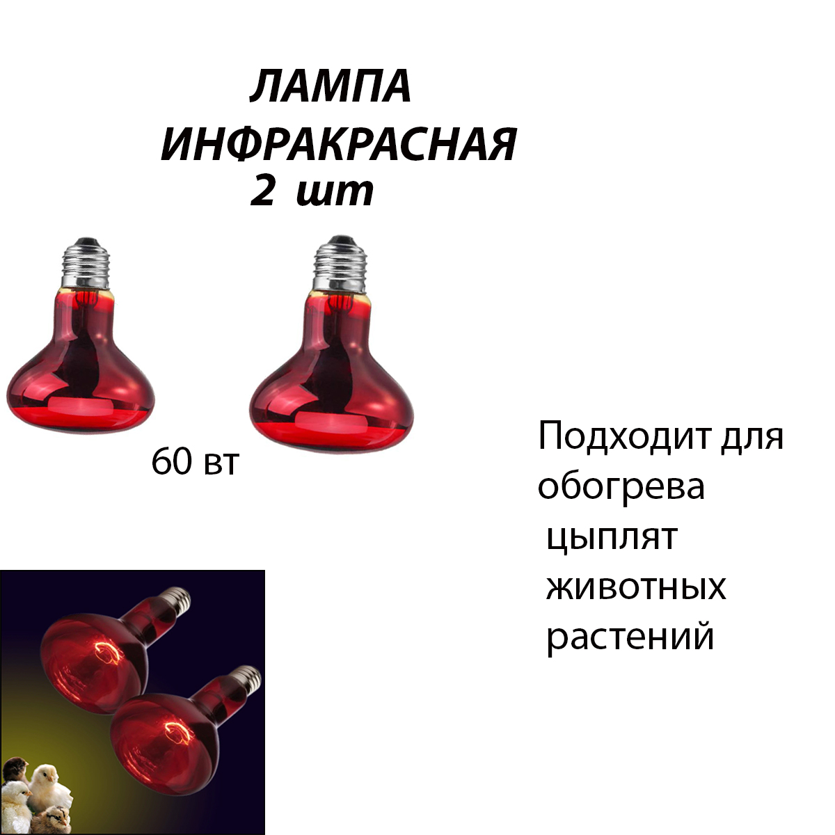 Лампа для террариума инфракрасная, 60 Вт Е27, 2 шт