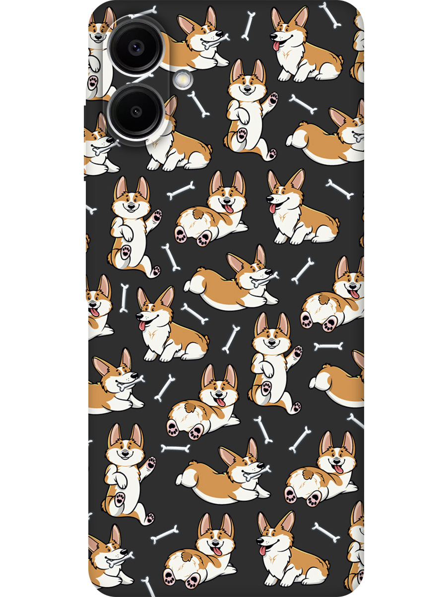 

Силиконовый чехол на Samsung Galaxy A06 с принтом "Паттерн из корги" матовый черный, Черный;прозрачный;коричневый, 786717571
