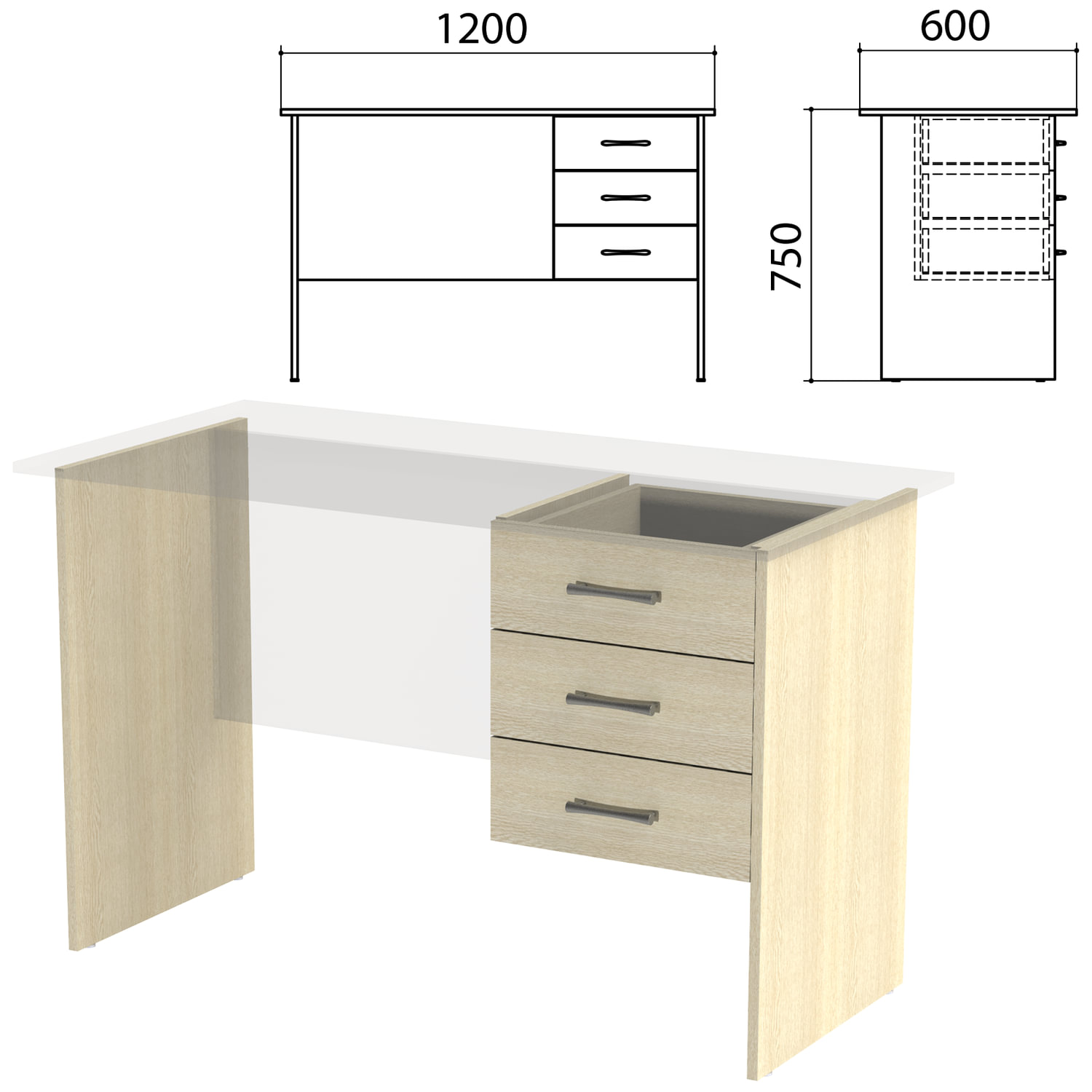 Каркас к столам письменным с тумбой Канц 1200х600х750 мм, цвет дуб молочный, СК27.15.2
