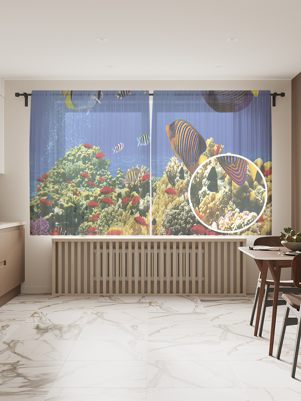 

Фототюль JoyArty "Рыбное разнообразие", 145x180см (2 полотна с лентой + 50 крючков), Рыбное разнообразие