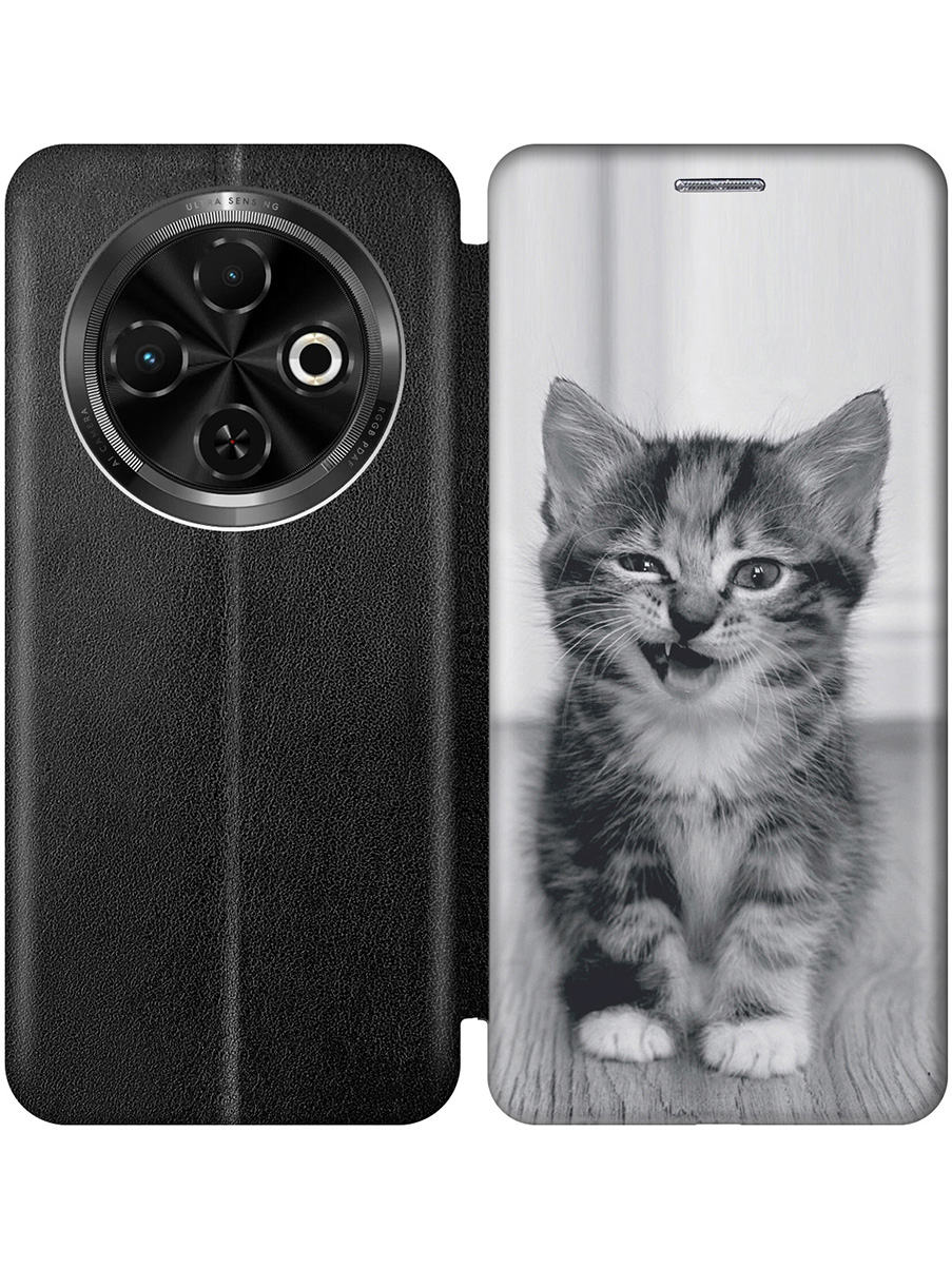 

Чехол-книжка на Tecno Spark 30C с принтом "Котенок с ухмылкой" черный, Черный;белый;серый, 786716311