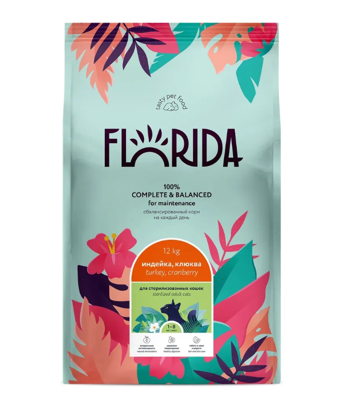 

Сухой корм для кошек FLORIDA для стерилизованных индейка с клюквой 12 кг