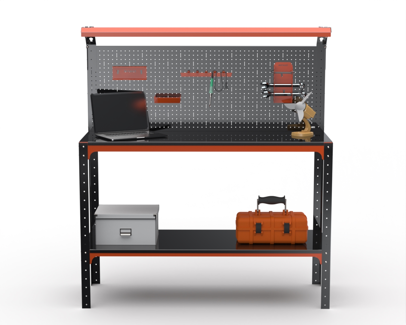 

Стол-верстак Metalex 204928 KIT 950х1600х600 1 полка + 1 панель + освещение, оранжево-черн