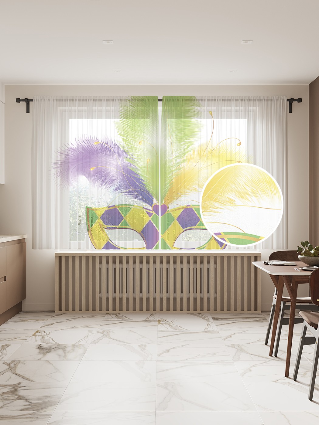 фото Фототюль joyarty "маска с перьями", 145x180 см (2 полотна со шторной лентой + 50 крючков)