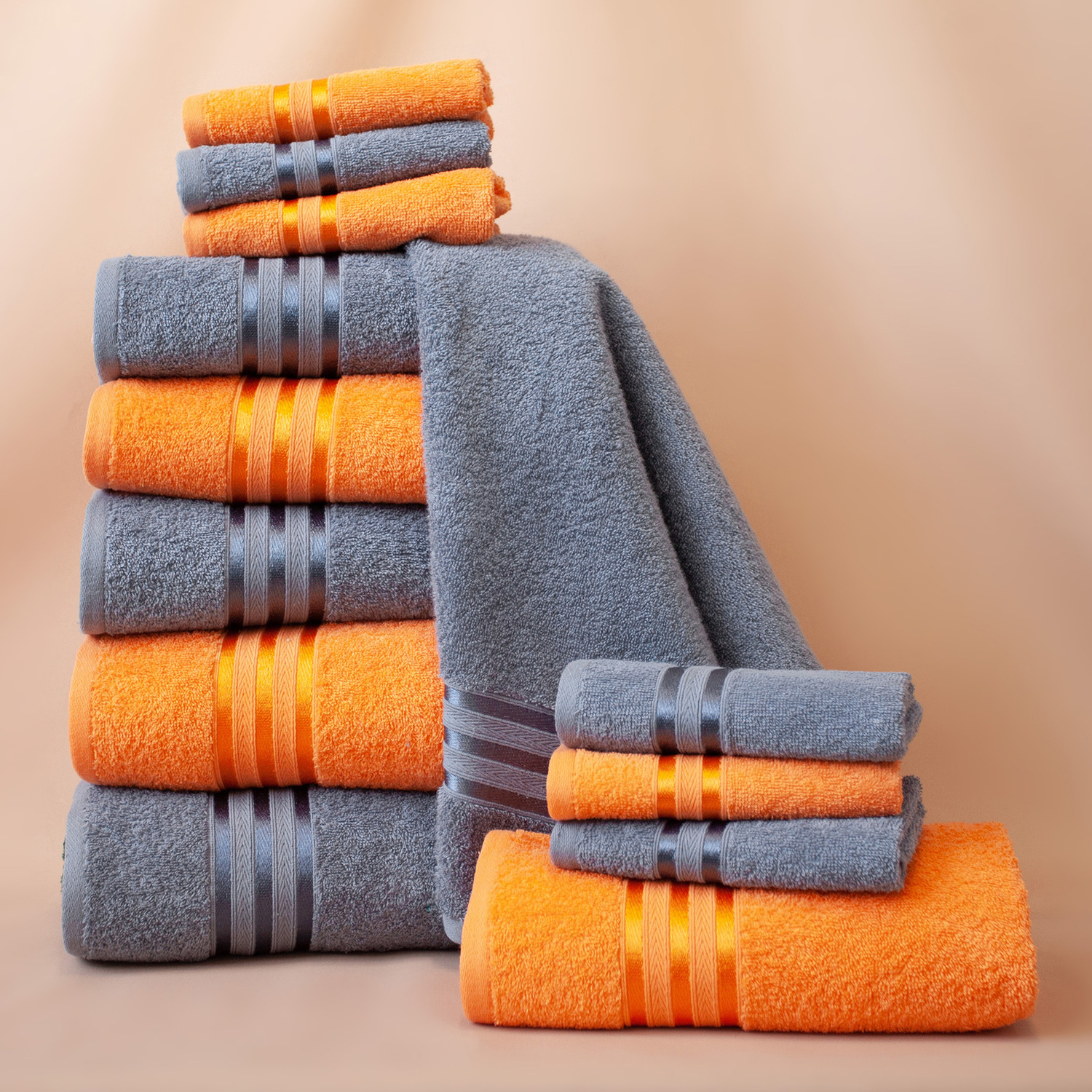 

Полотенца 12 шт. Harmonika 1048 Оранжевый, 1120 Серо-голубой 30х50 6, 50х80 4, 70х130 2