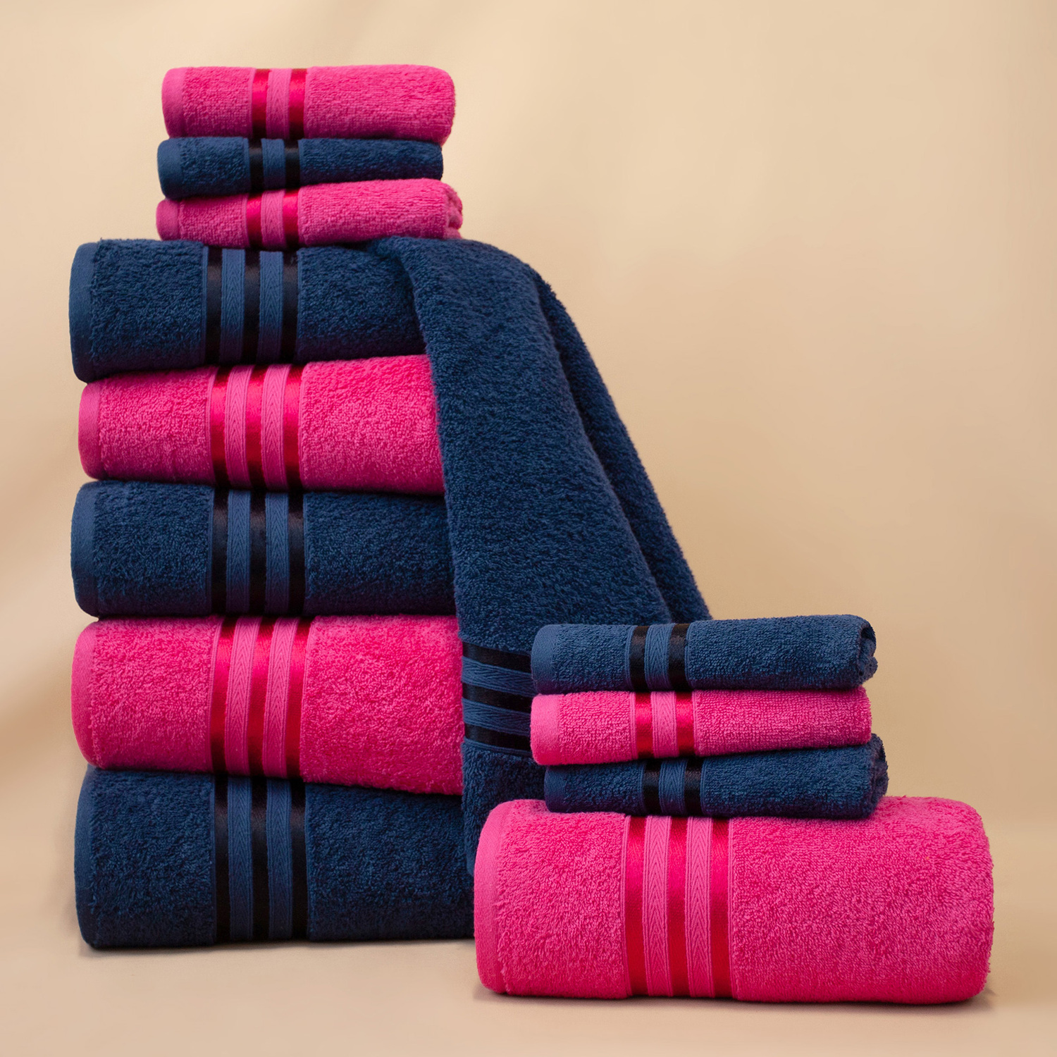 

12 полотенец Harmonika Махра 1055 Малиновый, 1150 Темно-синий 30х50 6, 50х80 4, 70х130 2