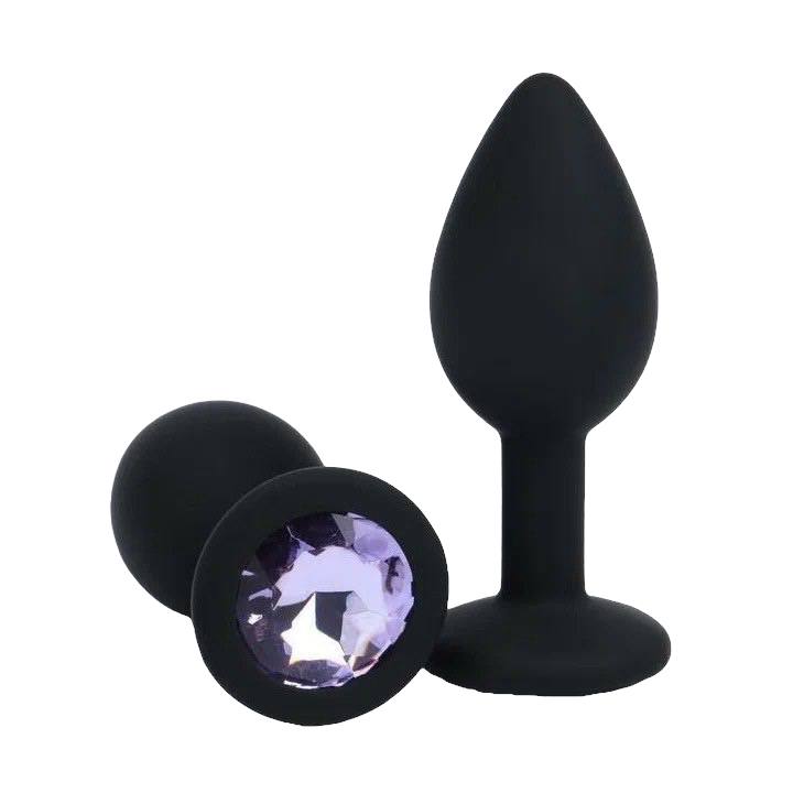 Анальная пробка, силиконовая, с лиловым кристаллом, чёрная, D = 28 мм, h = 72 мм