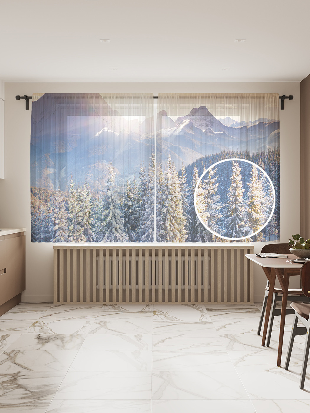 

Фототюль JoyArty "Утро в снежном лесу", 145x180см (2 полотна с лентой + 50 крючков), Утро в снежном лесу