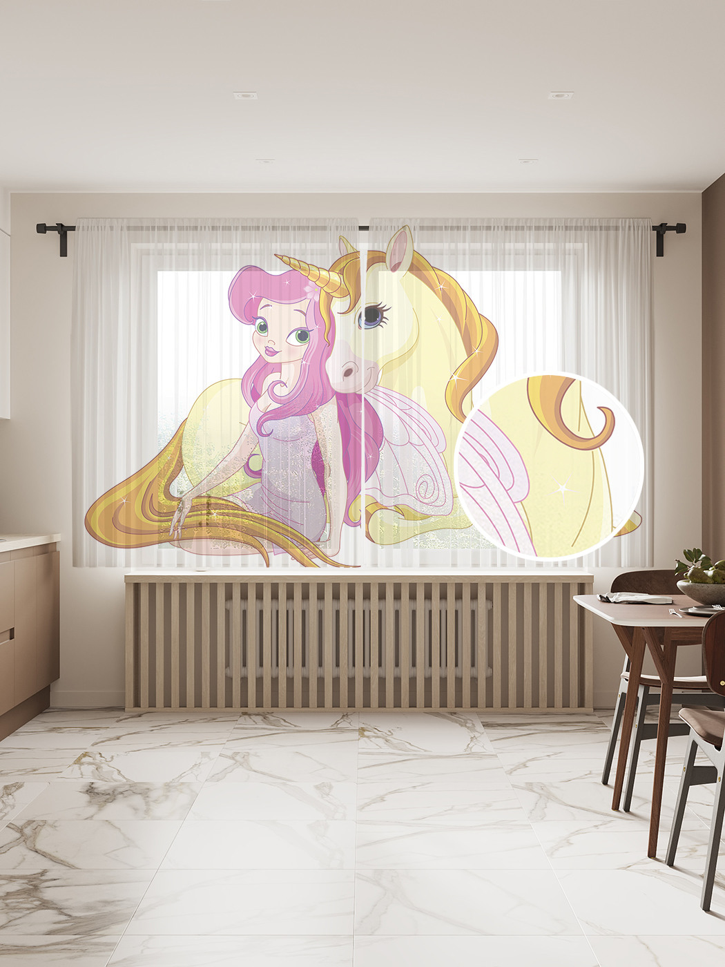 

Фототюль JoyArty "Фея с единорогом", 145x180 см (2 полотна со шторной лентой + 50 крючков), Фея с единорогом