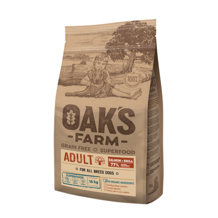 фото Сухой корм для собак oaks farm adult, для всех пород, лосось и криль, 18.2кг