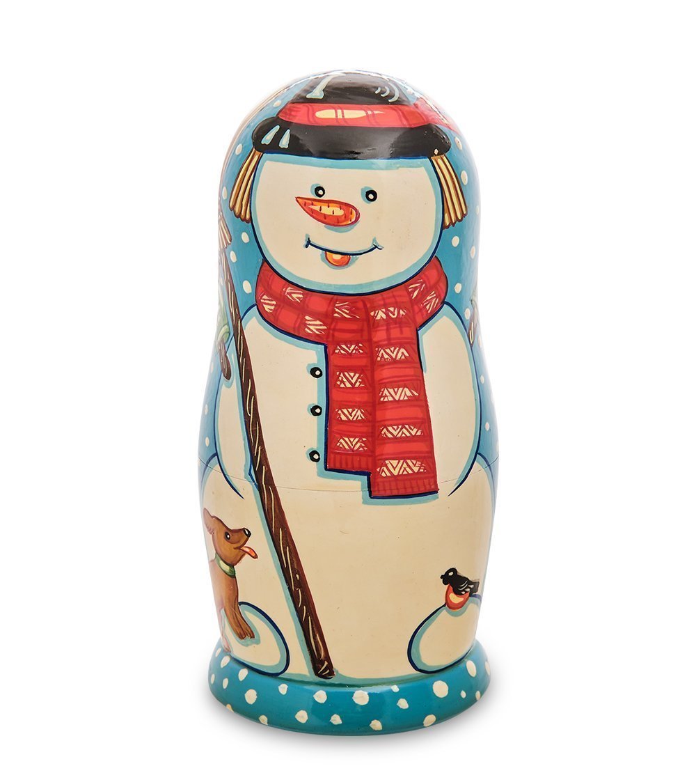Новогодний сувенир Народные промыслы Матрешка Снеговик со щенком AT-402344 8,5х8,5х18 см