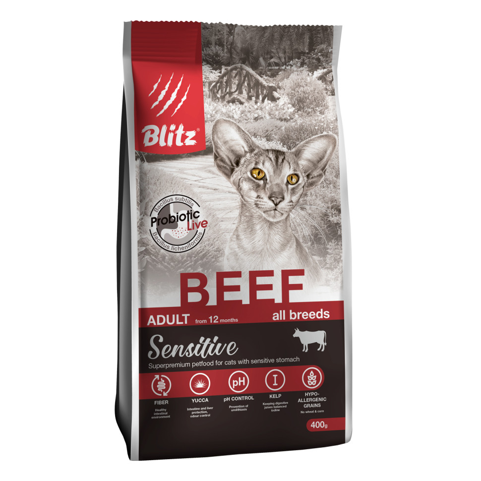 Сухой корм для кошек Blitz Sensitive Beef Adult Cats для взрослых с говядиной 400 г 769₽