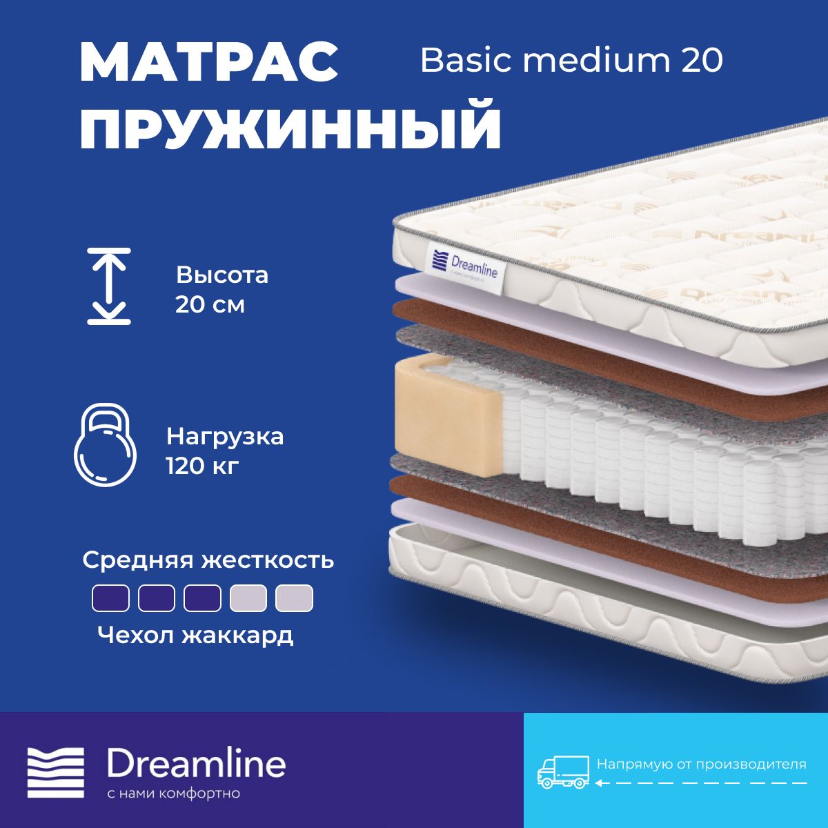 

Матрас анатомический DreamLine Basic medium 20 190х180х20, Белый, Basic medium 20