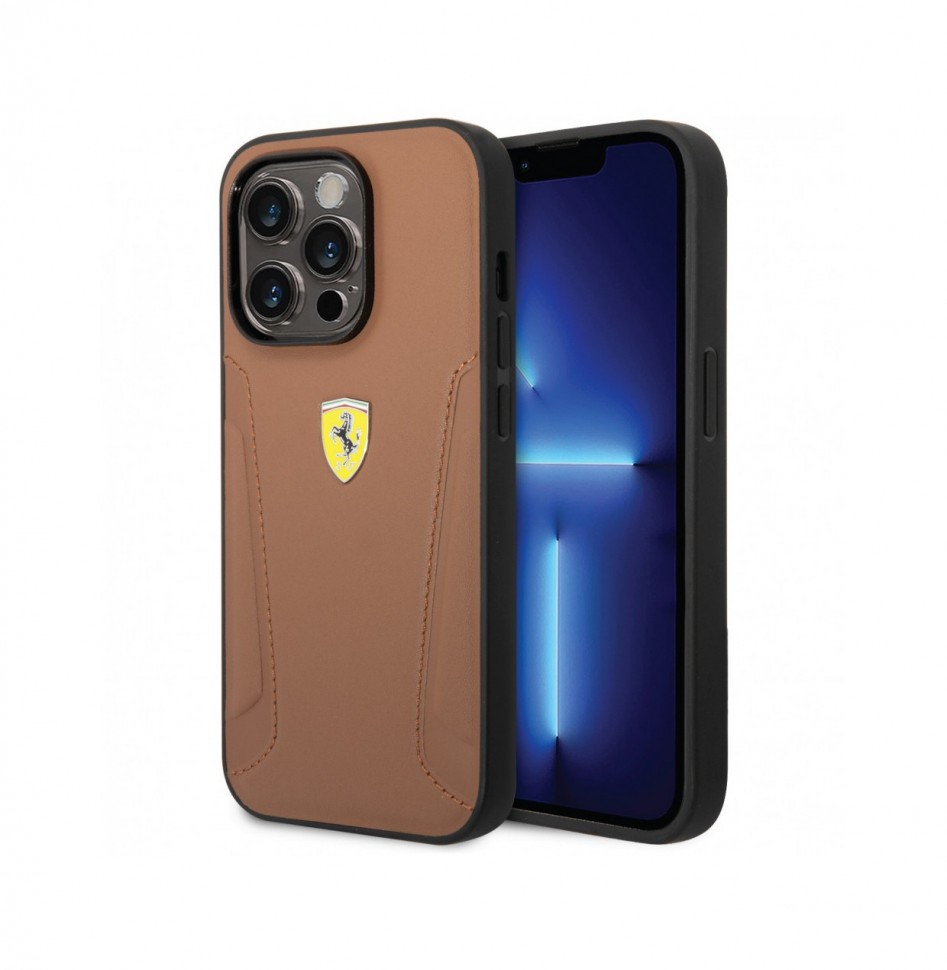 Чехол Ferrari  для iPhone 14 Pro Leather Stamped sides Hard, Коричневый