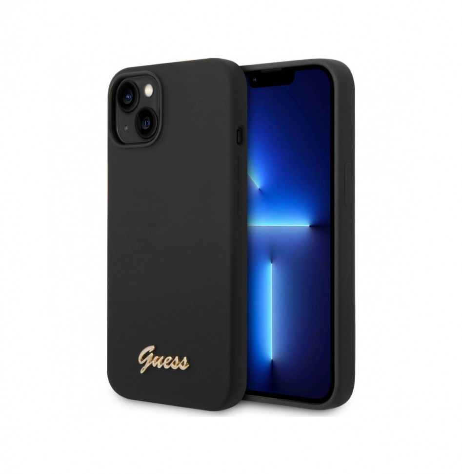 Чехол Guess Liquid silicone Gold metal logo Hard для iPhone 14, Черный