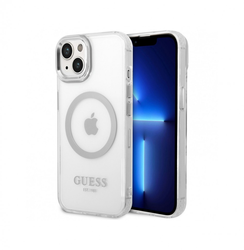 

Чехол Guess PC/TPU Metal outline Hard (MagSafe) для iPhone 14 Plus, Прозрачный/Серебристый, PC/TPU Metal outline Hard (MagSafe)