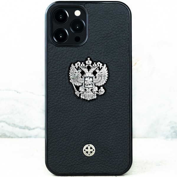 Чехол iPhone 13 Pro - Euphoria Premium Leather Black - Герб РФ - Euphoria HM Premium