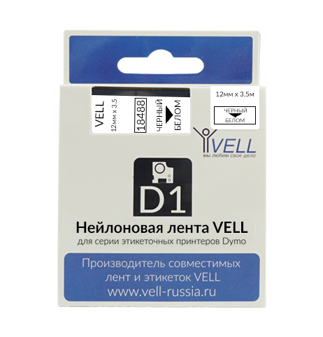 Лента Vell VL-D-18488/16957 (нейлон, 12 мм x 3.5 м, черный на белом)