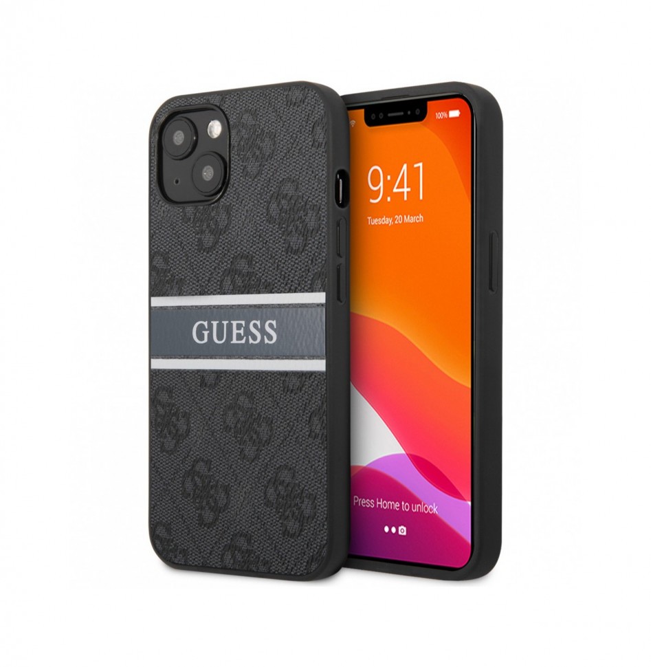 фото Чехол cg mobile guess pu 4g stripe printed logo hard для iphone 14 plus, серый