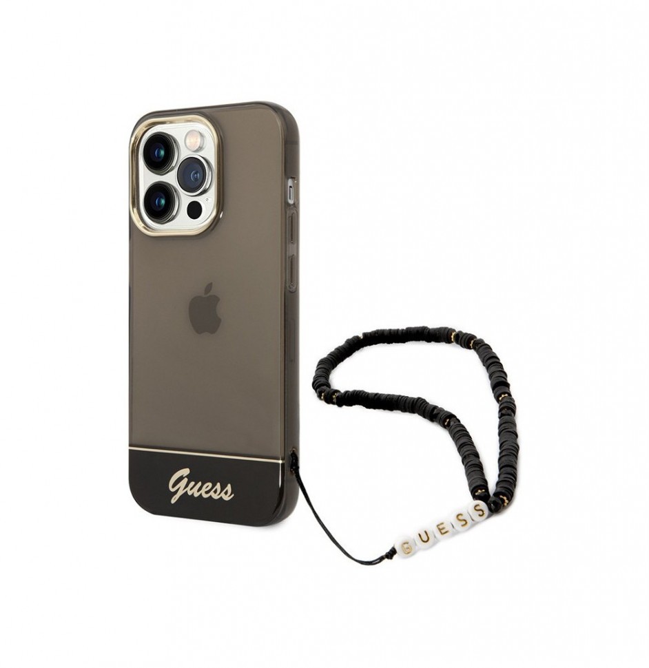 Чехол Guess PC/TPU Translucent Electoplated camera + Hand Strap iPhone 14 Pro Max, Черный