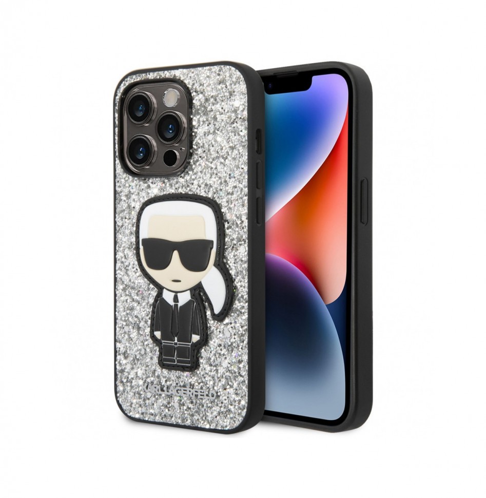 Чехол Karl Lagerfeld Glitter flakes Ikonik patch w Metal logo iPhone 14 Pro, Серебристый