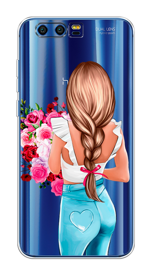 

Чехол на Honor 9 "Девушка с цветами", Коричневый;розовый;голубой, 62450-6