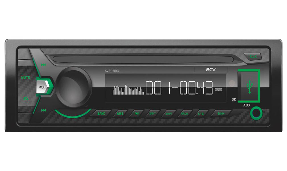Автомагнитола ACV MP3/WMA AVS-1718G зеленая, 45Wx4, SD, USB