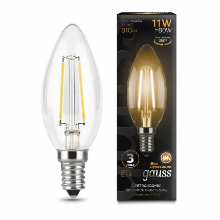 фото Лампа gauss filament свеча 11w 810lm 2700к е14 led 1/10/50