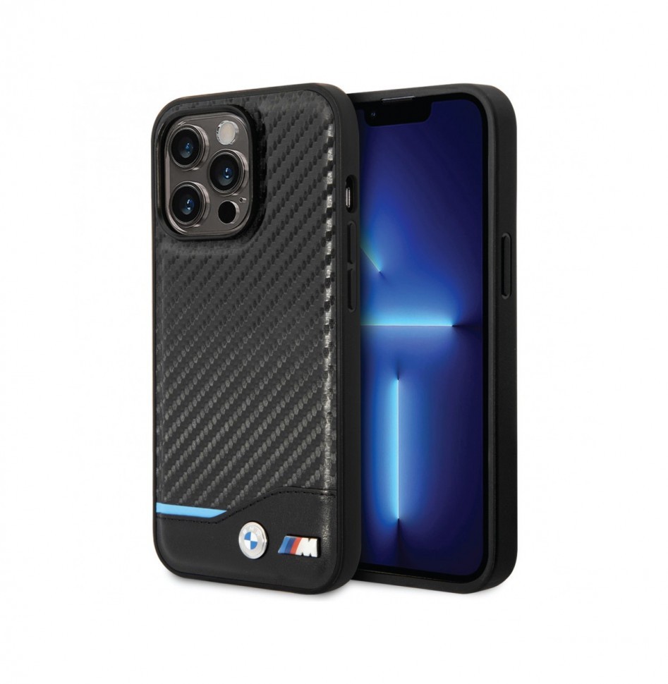 Чехол BMW M-Collection PU Carbon with blue line Hard для iPhone 14 Pro, Черный