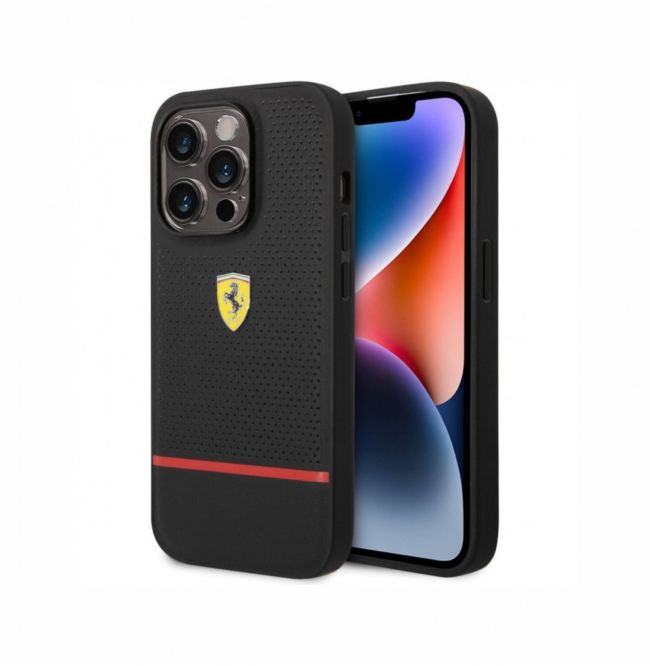 

Чехол Ferrari для iPhone 14 Pro Max, Черный, Leather Perforated with Red line Hard