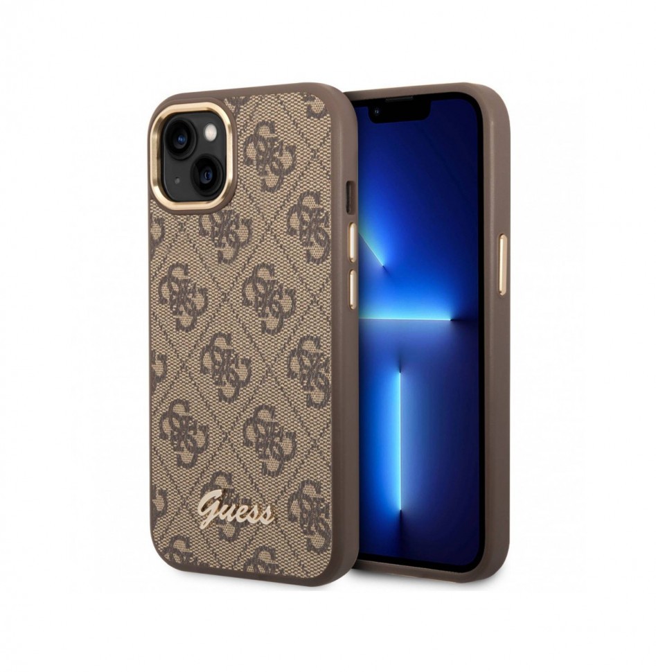 Чехол Guess PU 4G Script metal logo Hard (MagSafe) для iPhone 14, Коричневый