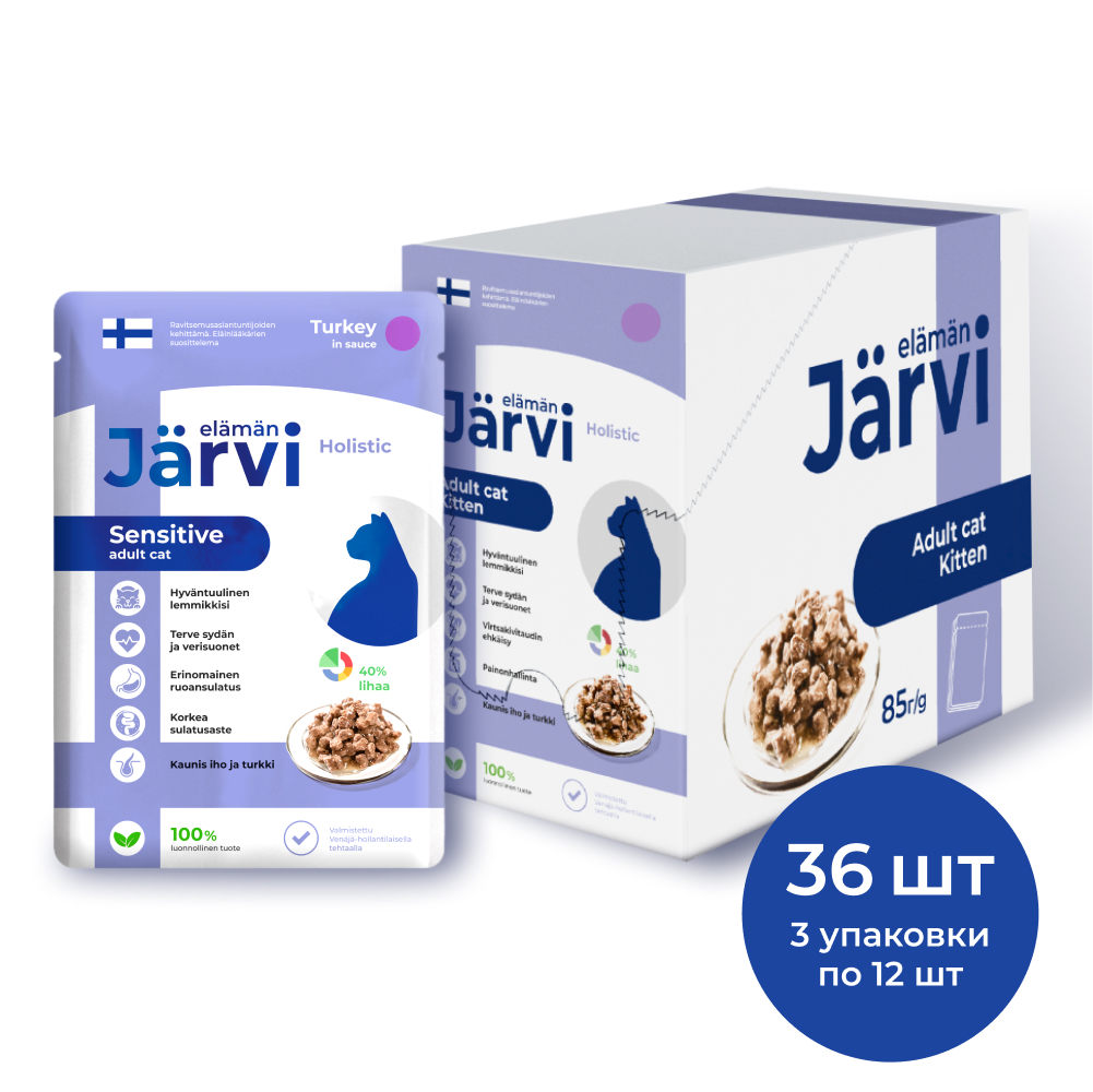 Влажный корм для кошек Jarvi, кусочки в соусе, с индейкой, 36 шт по 85 г