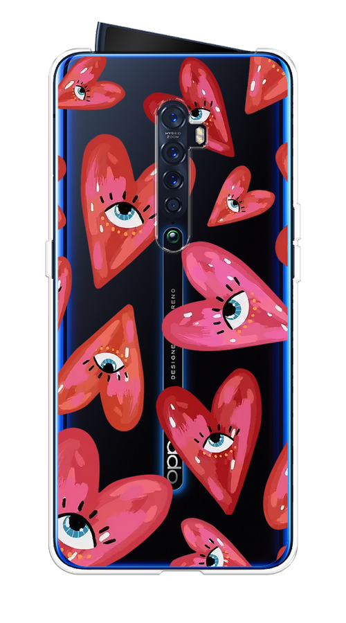 

Чехол на Oppo Reno 2 "Сердечки с глазами", Коричневый;красный;розовый, 253550-1