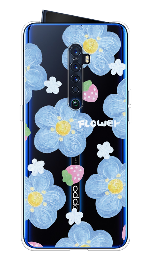 

Чехол на Oppo Reno 2 "Цветы и клубники", Прозрачный;голубой;белый, 253550-1