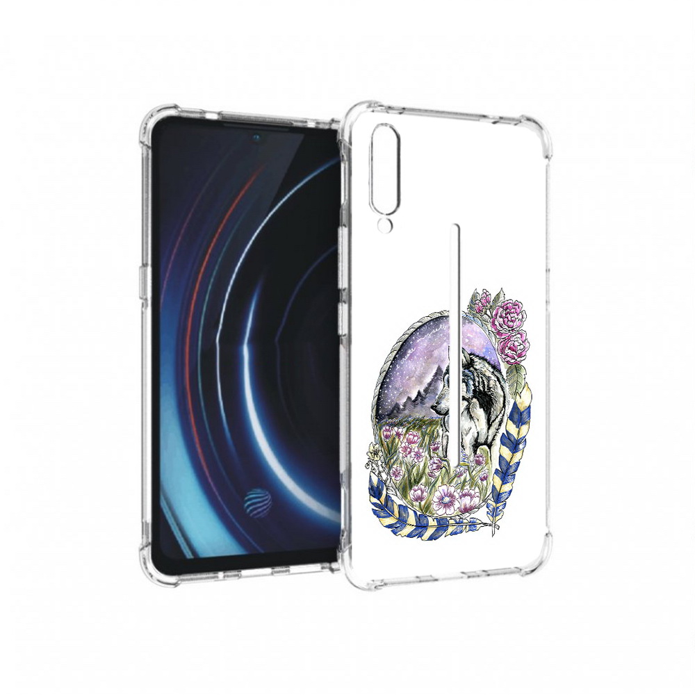 

Чехол MyPads Tocco для Vivo iQOO нарисованный волк в цветах с перьями (PT226955.389.509), Прозрачный, Tocco