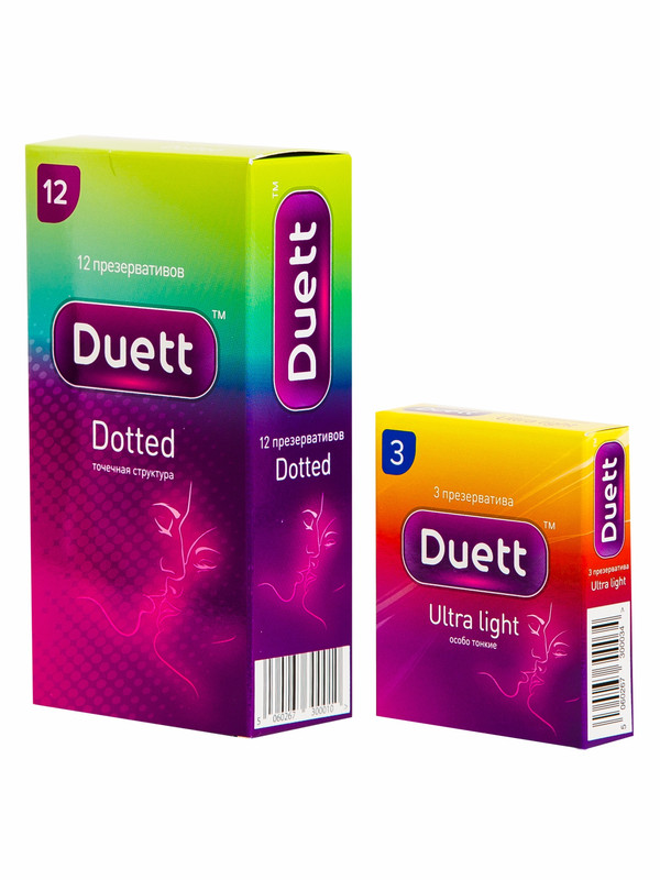 Купить 12шт.+3шт., Презервативы DUETT dotted №12 + в подарок презервативы DUETT Ultra light №3