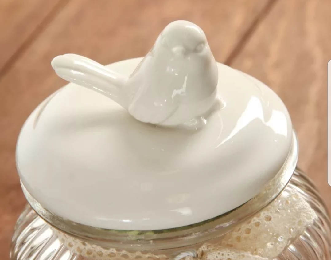 

Стеклянная емкость для продуктов, 600 мл. С декоративной крышкой из керамики -птица.