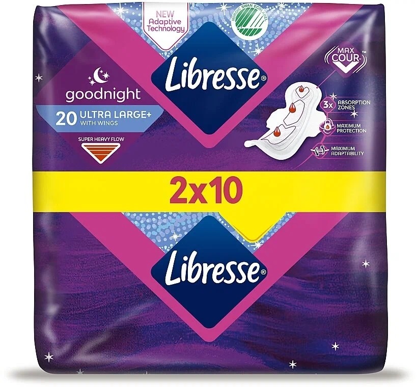 

Прокладки гигиенические Libresse Goodnight Ultra Large+ с крылышками 2x10шт, Белый