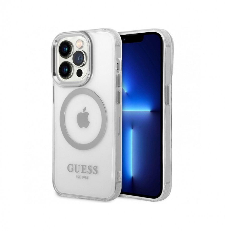 Чехол Guess PC/TPU Metal outline Hard (MagSafe) для iPhone 14 Pro, Прозрачный/Серебристый