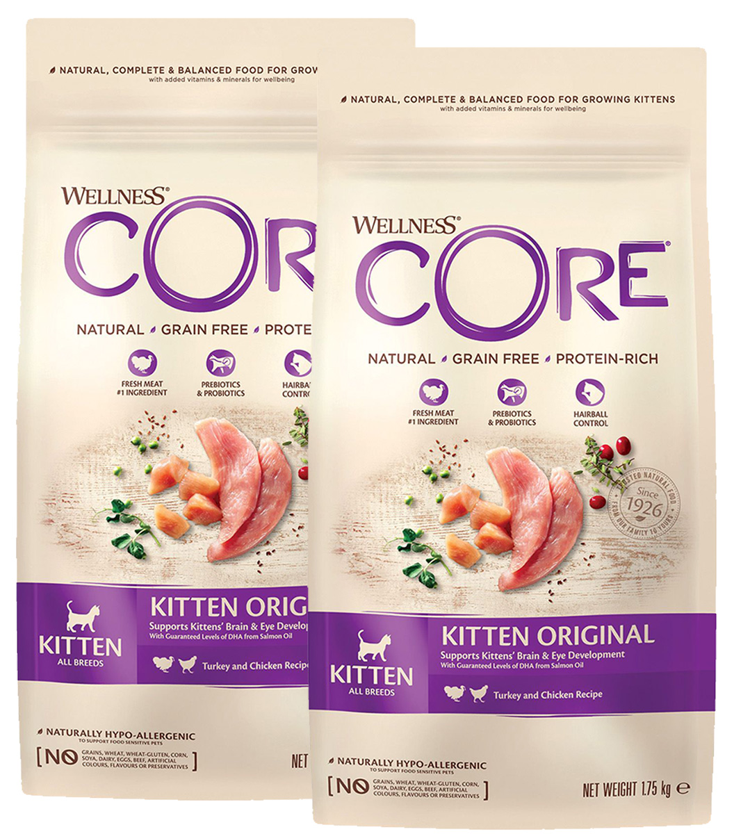 фото Сухой корм для котят core original kitten индейка и курица, 2 шт по 1,75 кг wellness core