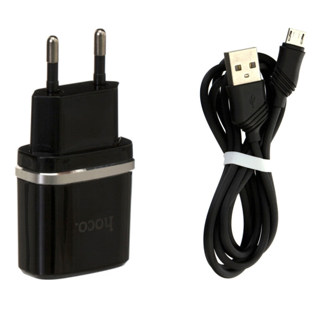 фото Сетевое зарядное устройство с кабелем micro usb hoco c11 smart - черное