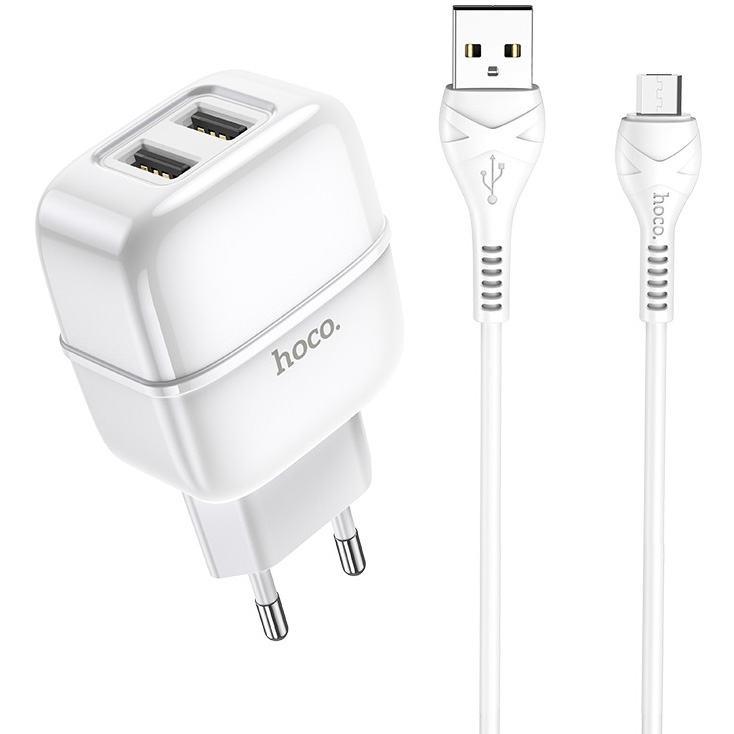 фото Сетевое зарядное устройство 2xusb с кабелем micro usb hoco c77a highway - белое