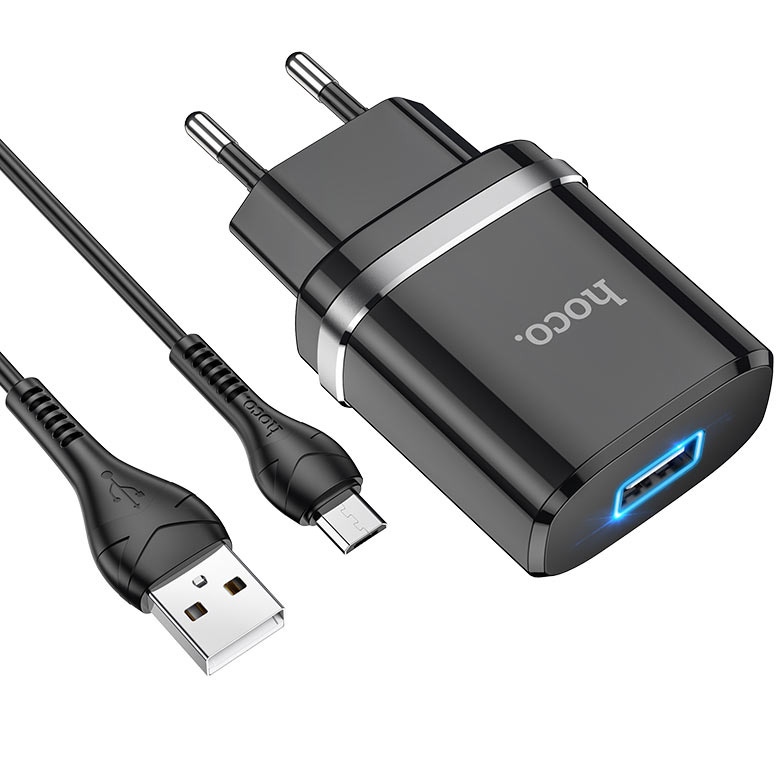 фото Сетевое зарядное устройство с кабелем micro usb hoco n1 ardent - черное