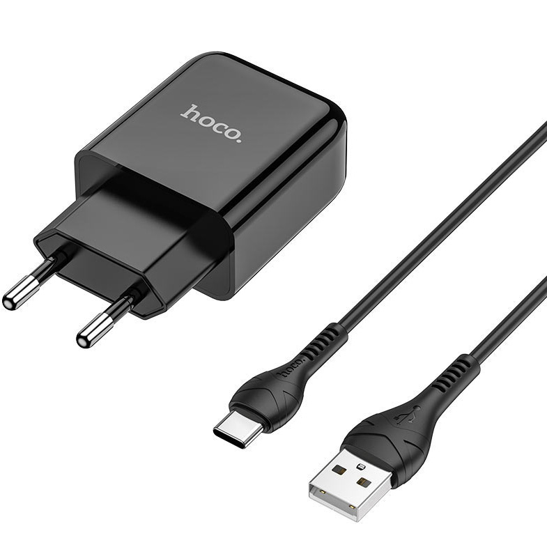 фото Сетевое зарядное устройство с кабелем usb type-c hoco n2 vigour single - черное