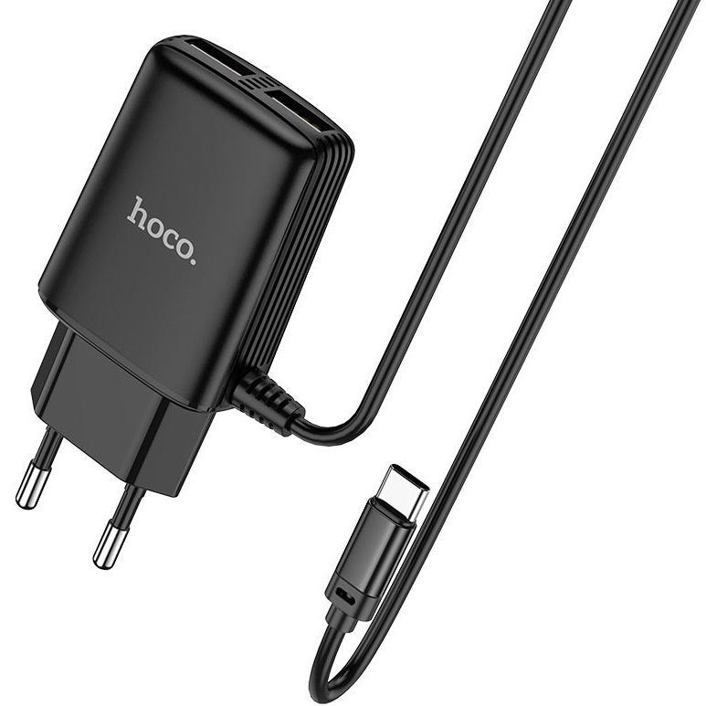 фото Сетевое зарядное устройство 2xusb с кабелем usb type-c hoco c82a real - черное