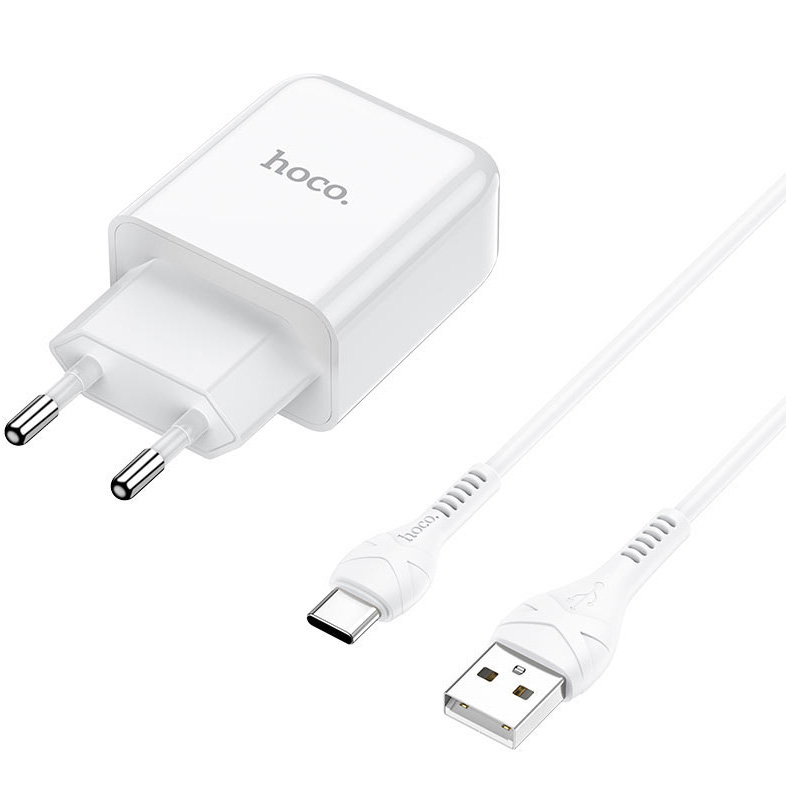 фото Сетевое зарядное устройство с кабелем usb type-c hoco n2 vigour single - белое